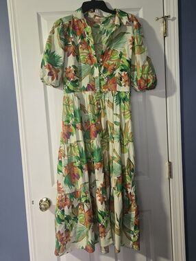 FLYING TOMATO Tropical Floral Puff-Sleeve Midi Maxi Dress